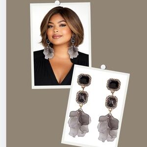 Elegant Black & Gray Drop Floral Earrings - Gold Accents